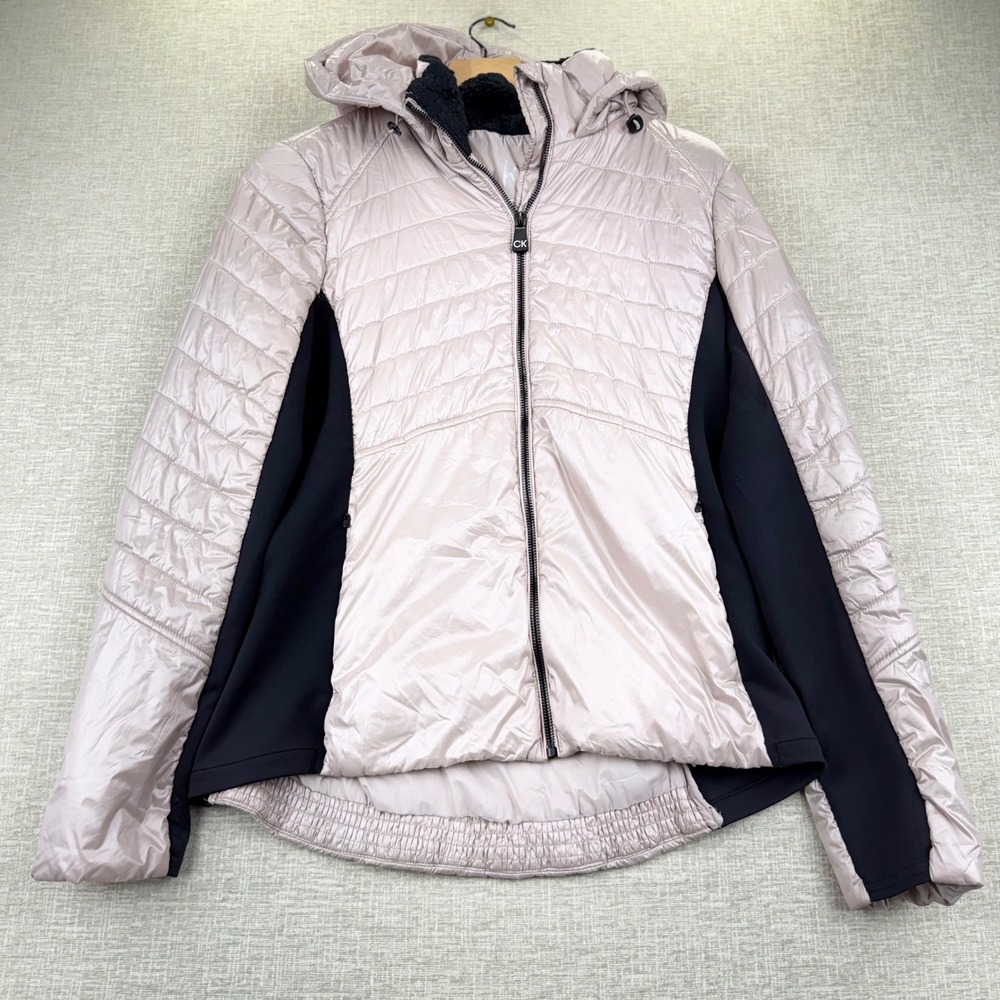 Calvin Klein Performance Champagne Pink Quilted Hooded Puffer Jacket Women Large